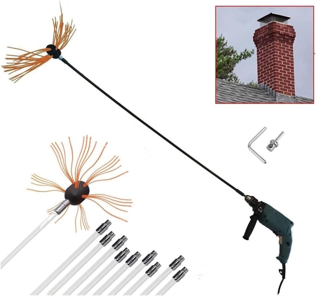 GOUJIAN Kit De Deshollinador De Chimenea con Cepillo De Chimenea De 10 Metros con Cabezal De Cepillo De Nailon Adicional For Estufa De Pellets con 12 Varillas Flexibles Kit de Limpieza de Chimenea