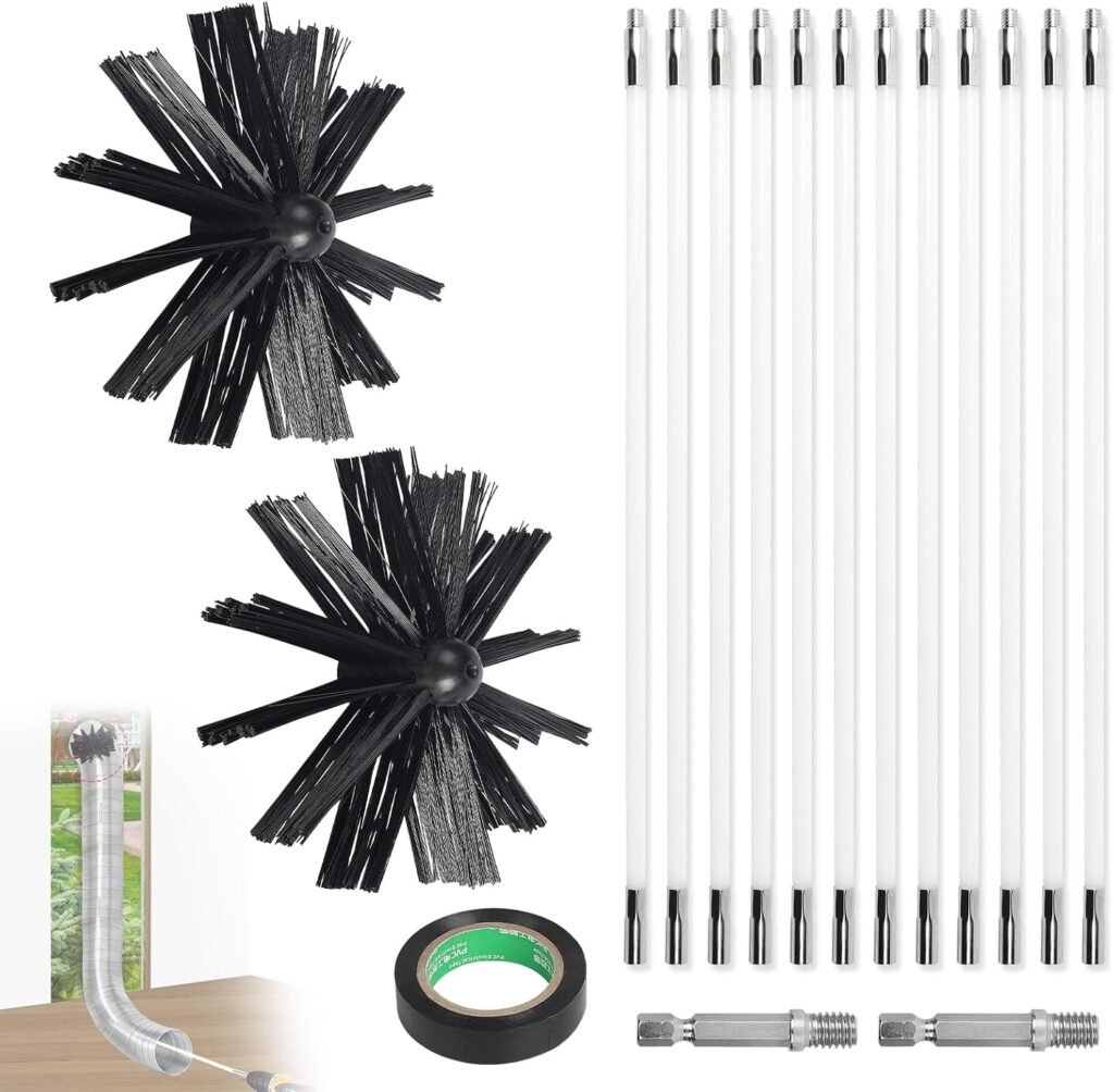 EFUTURETIME 4.8m Juego de Deshollinador de Chimeneas, Deshollinador Cepillo Nylon de 150 mm con 12 Varilla Flexible 410mm, se Puede Utilizar con Destornillador para Chimenea, Conducto, Tubo, Secadora